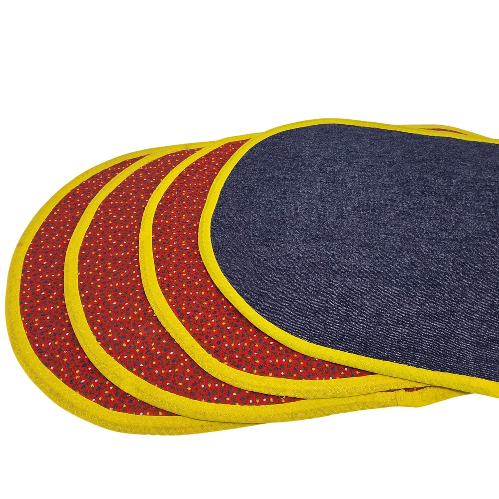 Handmade Vintage Reversible Oval Placemats Set of 4 Red Calico Floral Blue Denim